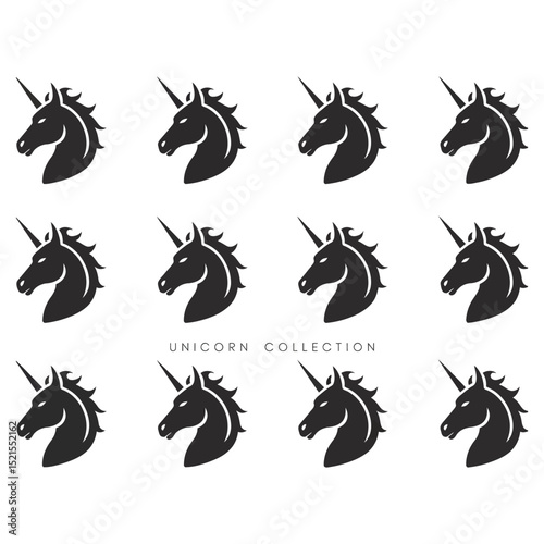 Unicorn Head Silhouettes Collection – Black Vector Logo Set

