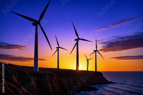 Coastal wind turbines silhouetted against a vibrant sunset sky, positioned along a rugged cliff overlooking the ocean, symbolizing renewable energy and sustainability.