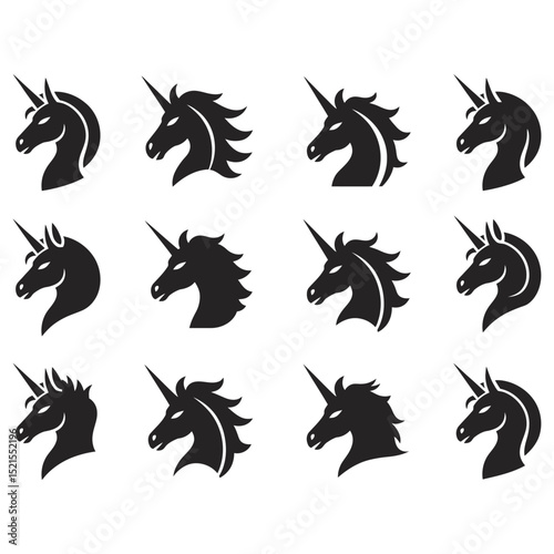 Unicorn Head Silhouettes Collection – Black Vector Logo Set


