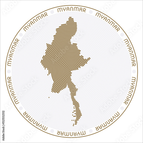 Myanmar round logo design. Country shape build of rings. Myanmar text around the country. Vector Illustration.