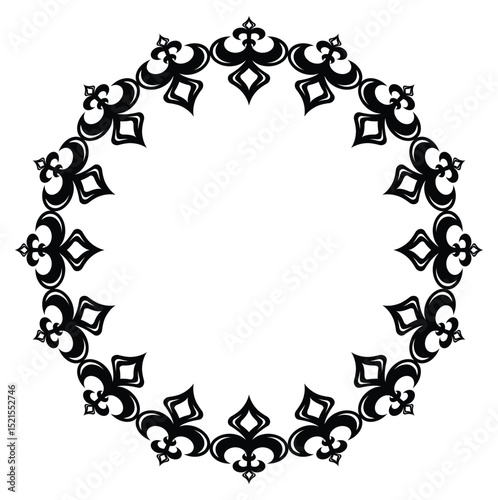 Symmetrical circular ornate border with intricate repeating black floral and diamond patterns. Elegant, formal, flat perspective. High contrast black and white. No people, isolated on white.