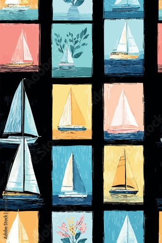 Seamless pattern with sailboats on colorful squares, perfect for summer projects, sailing enthusiasts, or nautical-themed designs