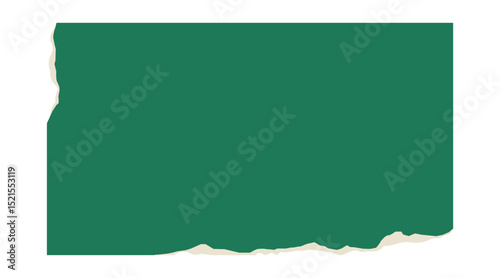 Retro green rectangle price tag sticker. Wrinkled badge with a ripped paper edge. Old distressed blank label with grunge texture for scrapbook designs.	