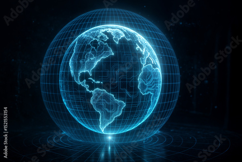 Digital visual of Earth with glowing blue grid lines and circuit-like patterns, symbolizing global technology and digital connections.