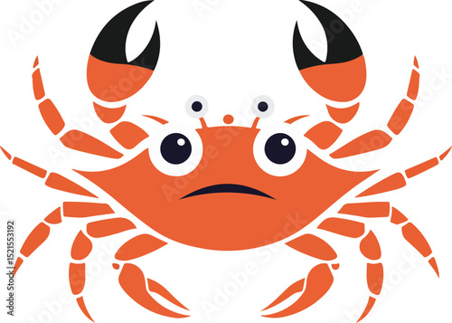 Minimalist bold vector crab face with frightened look, solid black shape, big alarmed eyes, clean lines, modern style, sleek, scalable design
