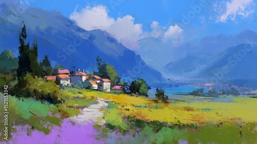 gouache landscape painting with bold colors in abstract expressive style