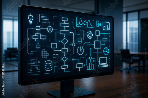 A modern office setting features a large screen displaying a complex flowchart with neon blue icons representing data processing and business analytics.