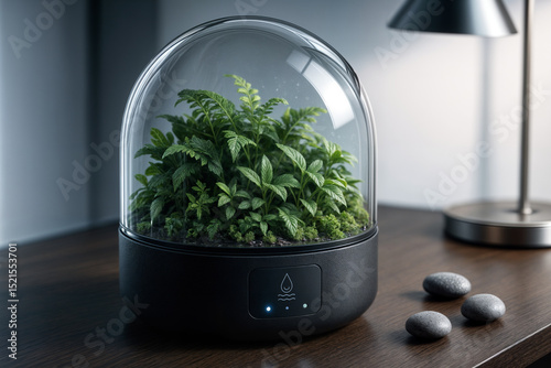 A modern terrarium with lush greenery enclosed in a transparent dome, placed on a wooden table beside a sleek metal lamp, encapsulating a blend of nature and technology.