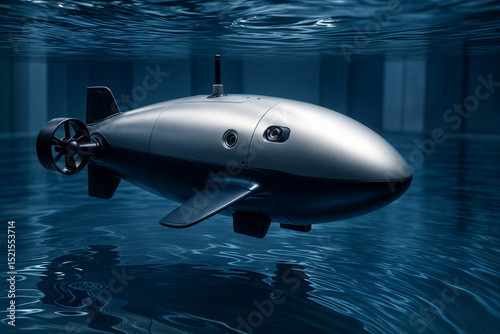 A sleek, silver submarine drone navigates underwater, showcasing its advanced design with visible propeller and fins, illustrating modern underwater technology concepts.