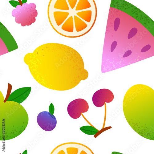 Cartoon fruits and berries pattern. Seamless vector summer print with fruits.