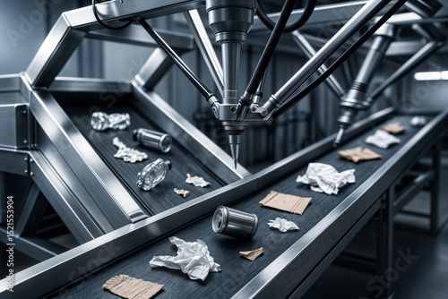 Industrial robotic arms sorting recyclable materials on a conveyor belt, featuring plastic bottles, aluminum cans, and paper waste, illustrating automation in recycling processes.