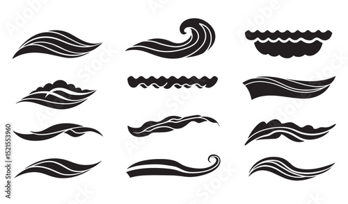 Collection of elegant black silhouette wave designs for decorative elements and artistic projects