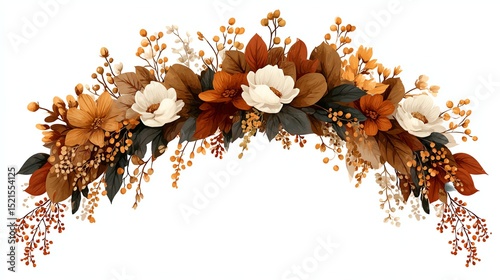 A decorative autumn floral arch with white flowers, orange leaves, and berries arranged in a festive, natural design on a white background.