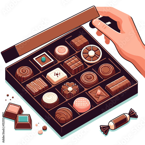 hand reaching into a box of assorted chocolates, with loose chocolates nearby. Ideal for websites/blogs on desserts, gifts, Valentine's Day, gourmet food, or confectionery.