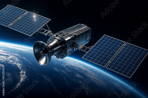 Satellite equipped with solar panels orbiting Earth in space, showcasing technological advancement and global connectivity against a backdrop of the planet's horizon.