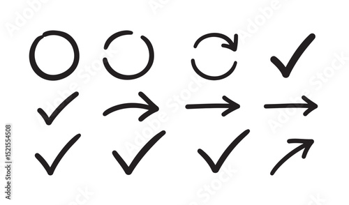 Hand drawn sketch symbols and icons for design projects of diverse styles.