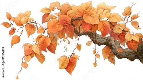A branch with vibrant orange and yellow autumn leaves, illustrated in a detailed and artistic style.