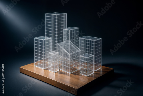 A minimalist architectural model of a city skyline featuring transparent wireframe buildings on a wooden base, set against a dark background for contrast.