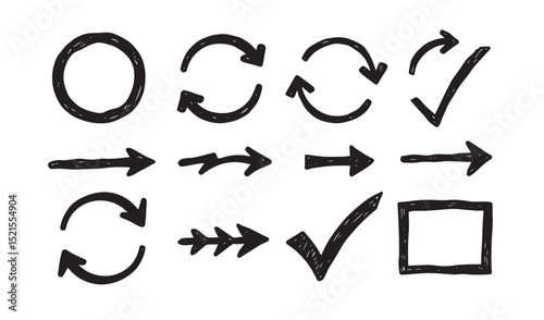 Hand drawn silhouette arrows checkmarks and circle elements for design and business communication