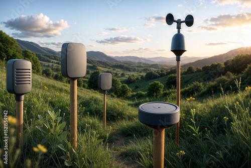 A serene landscape featuring modern weather sensors on wooden posts in a grassy hillside, set against a backdrop of rolling mountains under a soft sunset sky.