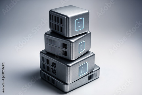 A stack of modern metallic server units with glowing digital interfaces, symbolizing advanced technology and digital infrastructure in computing and data storage systems.