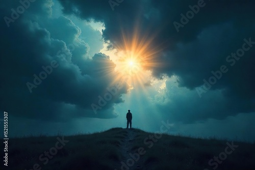 A single, glowing light illuminates a dark, stormy sky, symbolizing hope and spiritual release from suffering and despair A powerful image of faith and divine intervention , dark, spiritual