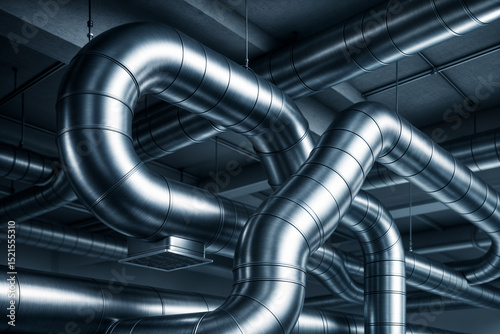 Industrial HVAC system featuring an intricate network of shiny metallic air ducts suspended from a ceiling, illustrating efficient ventilation and air distribution.
