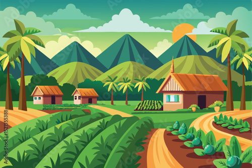 Serene Tropical Village Landscape Lush Green Hills, Palm Trees, and Rustic Houses