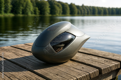 Futuristic device with a sleek, metallic design featuring a window displaying small spheres, placed on a wooden dock beside a tranquil lake with trees in the background.