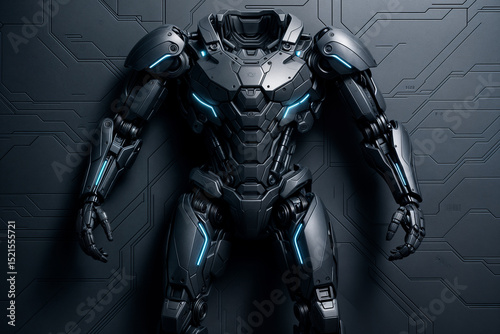Futuristic robotic exoskeleton with sleek dark metallic surfaces and glowing blue accents, showcasing advanced technology and engineering design, ideal for concepts of robotics and innovation.