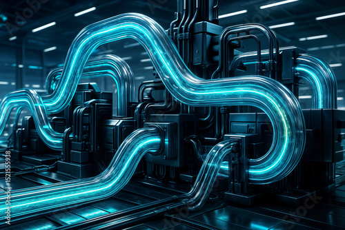 A futuristic industrial setting featuring intricate, glowing blue pipelines interconnected within a dark, technologically advanced environment, suggesting energy flow or data transfer concepts.