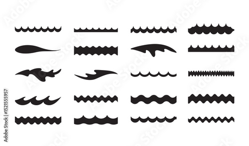 Collection of black silhouette wave and water border elements for design and decoration