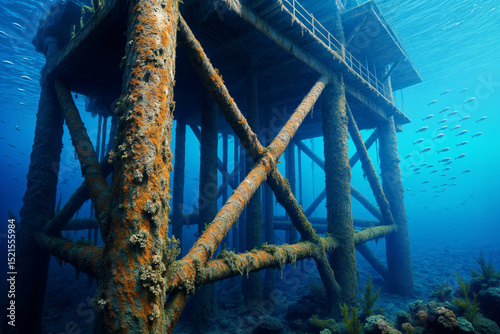 Underwater view of a large offshore platform structure, covered with marine growth and surrounded by a school of fish, illustrating marine life and industrial interaction.