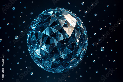 A geometric sphere composed of reflective triangular facets is surrounded by floating spheres on a dark background, illustrating concepts of modern design and abstract art.