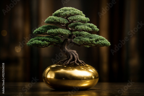 A stylized bonsai tree with intricately shaped branches and lush greenery, placed atop a reflective golden base, creating an elegant and artistic display.