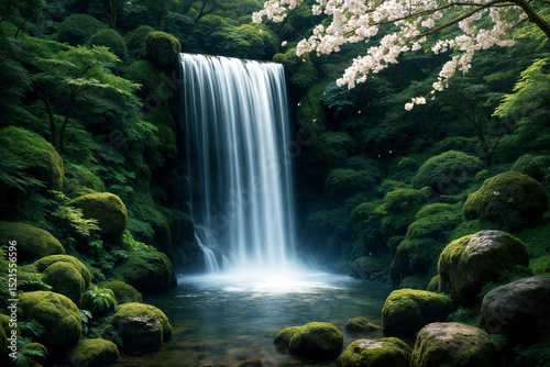 Serene waterfall cascading into a tranquil pool surrounded by lush greenery and moss-covered rocks, with blooming cherry blossoms adding a touch of color to the natural landscape.