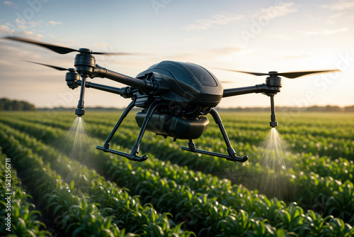 A drone hovers over agricultural fields, spraying crops with precision for pest control or fertilization, illustrating modern farming techniques and smart agriculture technology.