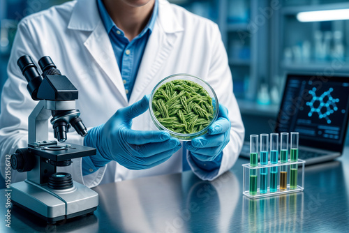 Scientist in a laboratory examines a petri dish containing green algae, alongside a microscope and test tubes filled with colorful liquids, illustrating biotechnology research.