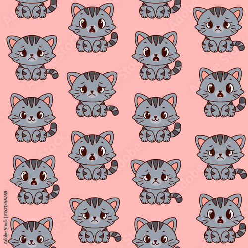 Seamless pattern with cute gray cartoon cats showing different emotions smiling, sad and surprised. Adorable kawaii kittens on pink background for kids textile, wrapping paper, nursery or stationery
