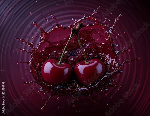 Two Cherries in a Dramatic Juice Splash. Close-up of two vibrant red cherries mid-splash, surrounded by a dynamic, artistic juice explosion.