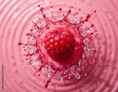 Fresh Raspberry Splashing in Pink Liquid. A vibrant red raspberry is centered within a dynamic splash of liquid, likely a smoothie or juice, on a pink, textured surface.