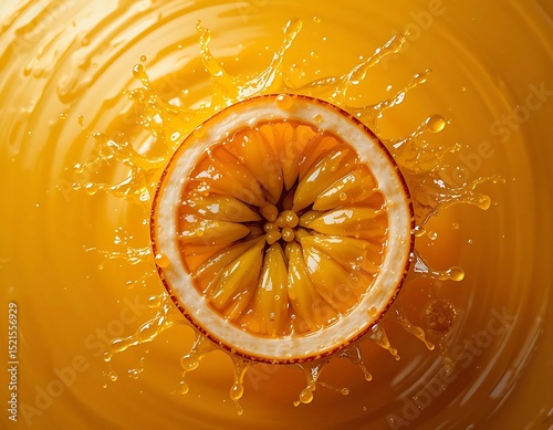 Orange Slice Splashing into Fresh Juice. A vibrant close-up of an orange slice gracefully entering a pool of orange juice, creating a beautiful splash.
