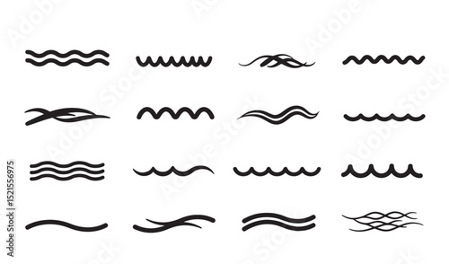 Collection of black silhouette wave designs and decorative elements on white background