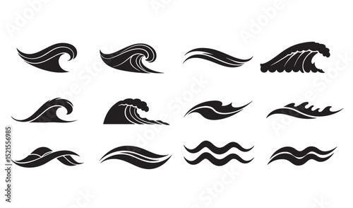 Vector illustration of a diverse set of stylized black silhouette wave designs perfect for graphic elements and creative projects