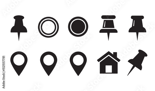 Set of icon illustrations of pushpins location pointers and home silhouettes in simple black and white design
