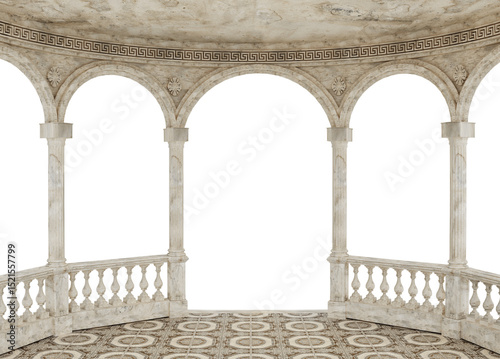 semicircular gazebo with arched columns, balustrade, and geometric pattern under the ceiling