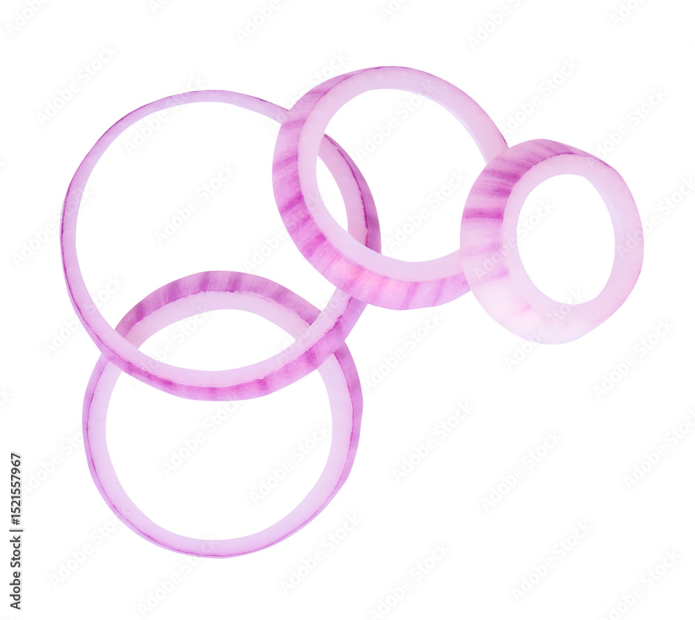 Top view of fresh red or purple Spanish onion rings or slices in stack isolated on white background with clipping path Top view of fresh red or purple Spanish onion rings or slices in stack isolated on white background with clipping path