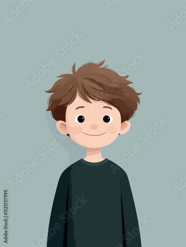 Cheerful young boy smiling, donning black sweater against soft blue backdrop, ideal for profile imagery or digital avatars