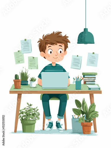 Smart boy working on his laptop, surrounded by notes and houseplants, enjoying his productive and organized workspace
