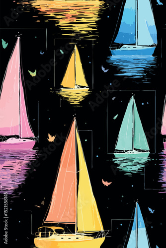 Vibrant sailboats sailing smoothly over dark waters, capturing sunset's maritime essence with rhythmic, repeating design